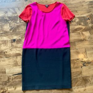 DKNY silk colorblock dress red pink black Sz L